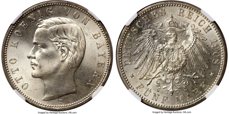 Bavaria. Otto 5 Mark 1908-D MS64 NGC, Munich mint, KM915, J-46. A type seemingly...