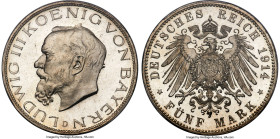 Bavaria. Ludwig III 5 Mark 1914-D MS66 PCGS, Munich mint, KM1007, J-53, Dav-620. One year type. An enchanting Gem tied for the finest grade across the...