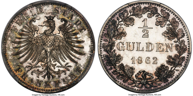 Frankfurt. Free City Proof 1/2 Gulden 1862 PR67 Cameo PCGS, Frankfurt am Main mi...