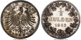 Frankfurt. Free City Proof 1/2 Gulden 1862 PR67 Cameo PCGS, Frankfurt am Main mint, KM368, J-37. An impeccable Proof emission of this one-year, low mi...