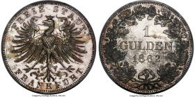 Frankfurt. Free City Proof Gulden 1862 PR65+ Cameo PCGS, Frankfurt am Main mint, KM369, J-38. This scarce one-year type is rare as a Proof. This repre...