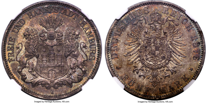 Hamburg. Free City 5 Mark 1876-J MS65 NGC, Hamburg mint, KM598, J-62, Dav-658. A...