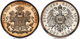 Hamburg. Free City Proof 5 Mark 1903-J PR65+ NGC, Hamburg mint, KM610, J-65. A bronze-hued frame focuses the eye on the frosted central devices, which...