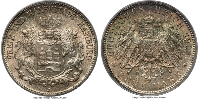 Hamburg. Free City 5 Mark 1903-J MS65 PCGS, Hamburg mint, KM610, J-65. Alluring ...