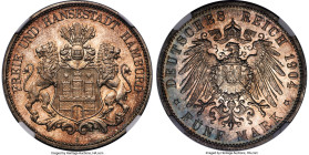 Hamburg. Free City 5 Mark 1904-J MS64 NGC, Hamburg mint, KM610, J-65. Exhibiting crisp details and attractive gunmetal surfaces more akin to many of t...