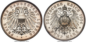 Lübeck. Free City Proof 5 Mark 1904-A PR66 Cameo PCGS, Berlin mint, KM213, J-83. Mintage: 200. Exceedingly scarce, especially at this level of beauty ...