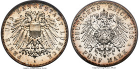 Lübeck. Free City Proof 5 Mark 1908-A PR66 Cameo PCGS, Berlin mint, KM213, J-83. A breathtaking example that is beautiful and technically sound. The r...