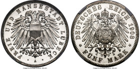 Lübeck. Free City Proof 5 Mark 1908-A PR66 Cameo NGC, Berlin mint, KM213, J-83. Exceptionally beautiful and distinctly unique in design, this object d...