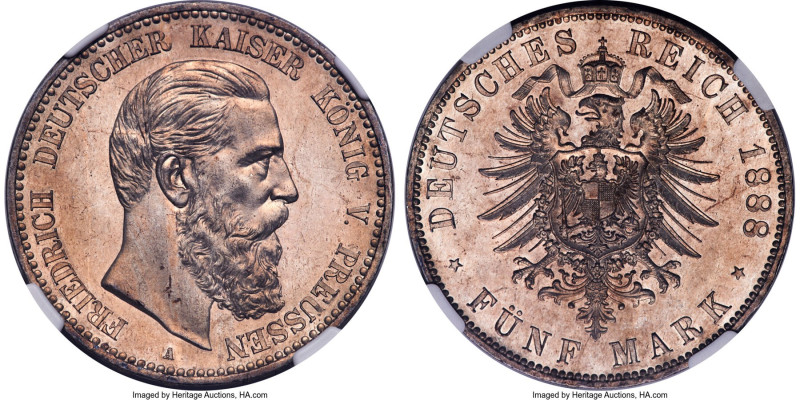 Prussia. Friedrich III 5 Mark 1888-A MS63 NGC, Berlin mint, KM512, J-99. One-yea...