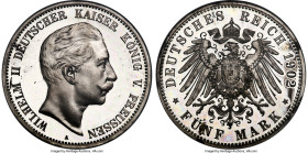 Prussia. Wilhelm II Proof 5 Mark 1902-A PR65 Ultra Cameo NGC, Berlin mint, KM523, J-104. The frosty, firmly struck devices present exceptional contras...