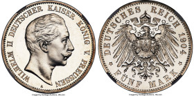 Prussia. Wilhelm II Proof 5 Mark 1904-A PR64 Cameo NGC, Berlin mint, KM523, J-104. Impeccably preserved with deeply mirrored surfaces and certainly de...