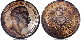 Prussia. Wilhelm II Proof 5 Mark 1907-A PR67 NGC, Berlin mint, KM523, J-104. Otherworldly in appearance with iridescent coloration and powder-like str...