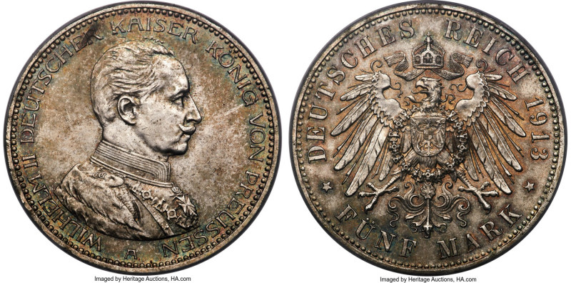 Prussia. Wilhelm II 5 Mark 1913-A MS65 PCGS, Berlin mint, KM536, Dav-791, J-114....