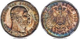 Saxe-Altenburg. Ernst I Proof 5 Mark 1901-A PR65 Cameo NGC, Berlin mint, KM38, D-815. Struck to commemorate the Duke's 75th birthday, a very scarce on...