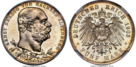 Saxe-Altenburg. Ernst I Proof 5 Mark 1903-A PR66 Cameo NGC, Berlin mint, KM40, J-144. Commemorating the 50th year of Ernst's reign. The slightest tilt...