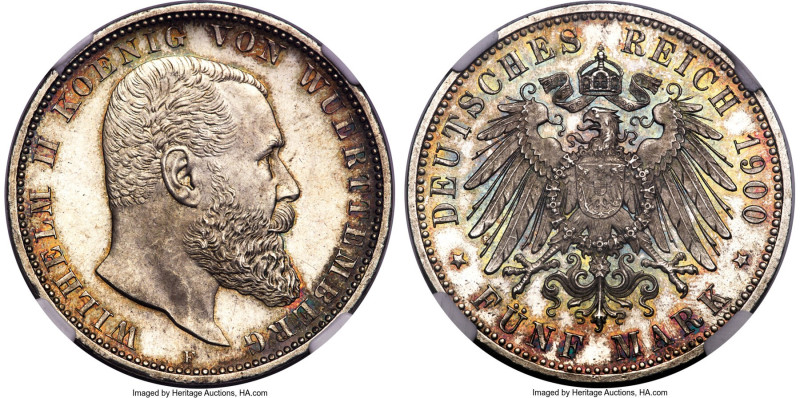 Württemberg. Wilhelm II 5 Mark 1900-F MS65 NGC, Stuttgart mint, KM632, J-176. A ...