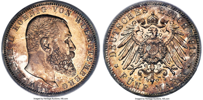 Württemberg. Wilhelm II Proof 5 Mark 1913-F PR66 PCGS, Stuttgart mint, KM632, J-...