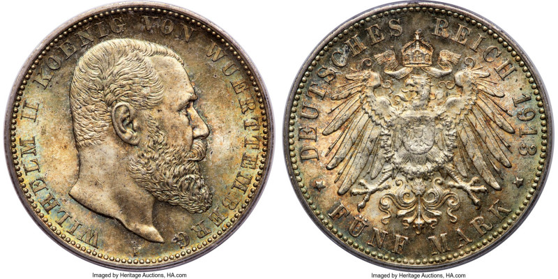 Württemberg. Wilhelm II 5 Mark 1913-F MS65 PCGS, Stuttgart mint, KM632, Dav-964,...