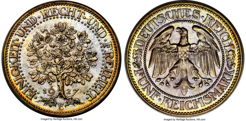 Weimar Republic "Oak Tree" 5 Mark 1927-E MS65 PCGS, Muldenhutten mint, KM56, J-3...