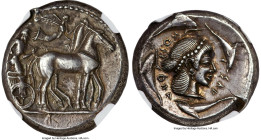 SICILY. Syracuse. Deinomenid Tyranny. Hieron I (ca. 475-470 BC). AR tetradrachm (25mm, 17.43 gm, 3h). NGC AU S 5/5 - 4/5, die shift. Charioteer drivin...