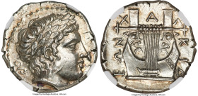 MACEDON. Chalcidian League. Ca. 432-348 BC. AR tetradrachm (26mm, 14.48 gm, 12h). NGC Choice AU 4/5 - 4/5, Fine Style. Olynthus, ca. 390 BC. Laureate ...