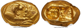 LYDIAN KINGDOM. Croesus (561-546 BC). AV stater (18mm, 10.75 gm). NGC AU S 5/5 - 4/5. Croeseid "heavy" standard, Sardes, ca. 561-550 BC. Confronted fo...