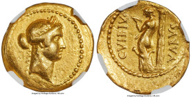 C. Vibius Varus (42 BC). AV aureus (20mm, 7.87 gm, 11h). NGC Choice Fine 4/5 - 2/5, ex-jewelry. Laureate head of Apollo right, with hair and rolled in...