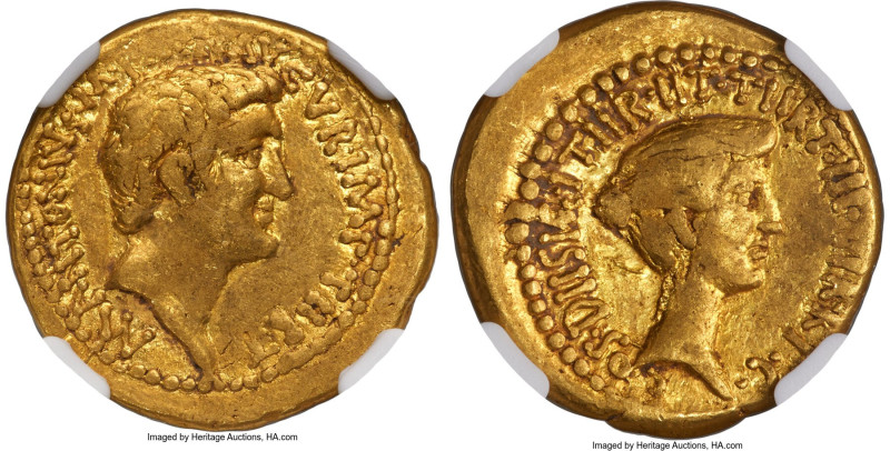 Marc Antony, as Triumvir and Imperator (44-30 BC), with Octavia. AV aureus (20mm...