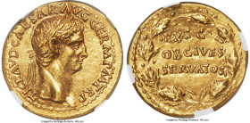 Claudius I (AD 41-54). AV aureus (19mm, 7.72 gm, 8h). NGC MS S 5/5 - 4/5. Rome, AD 41-42. TI CLAVD CAESAR AVG GERM P M TR P, laureate head of Claudius...