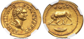 Domitian, as Caesar (AD 81-96). AV aureus (20mm, 7.44 gm, 5h). NGC AU 5/5 - 3/5. Rome, AD 77-78. CAESAR AVG F-DOMITIANVS, laureate head of Domitian ri...