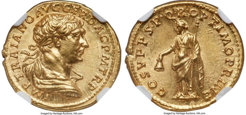 Trajan (AD 98-117). AV aureus (19mm, 7.28 gm, 6h). NGC MS 5/5 - 3/5, Fine Style,...