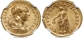 Trajan (AD 98-117). AV aureus (19mm, 7.28 gm, 6h). NGC MS 5/5 - 3/5, Fine Style, brushed. Rome, AD 108-110. IMP TRAIANO AVG GER DAC P M TR P, laureate...