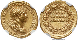 Trajan (AD 98-117). AV aureus (19mm, 7.21 gm, 7h). NGC AU 5/5 - 3/5. Rome, AD 103-111. IMP TRAIANO AVG GER DAC P M TR P COS V P P, laureate bust of Tr...