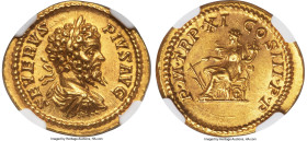 Septimius Severus (AD 193-211). AV aureus (21mm, 7.22 gm, 11h). NGC Choice MS 5/5 - 4/5. Rome, AD 203. SEVERVS-PIVS AVG, laureate, draped, and cuirass...