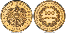 Republic gold Proof 100 Kronen 1924 PR65 Cameo NGC, Vienna mint, KM2831, Fr-518. Bearing the single-headed eagle of the First Austrian Republic, this ...