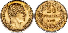 Leopold I gold Specimen Pattern 20 Francs 1863 SP62 PCGS, Brussels mint, KM-Unl., Fr-Unl., Dupriez-895 (R3). By L. Wiener. Inscribed edge. A seldom-se...