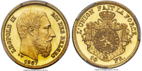 Leopold II gold Pattern 10 Francs 1867 MS64 PCGS, Brussels mint, KM-Pn72, Fr-415, Dupriez-1054 (R2), Vanhoudt/Saunders-550 (R3). By L. Wiener. Reeded ...