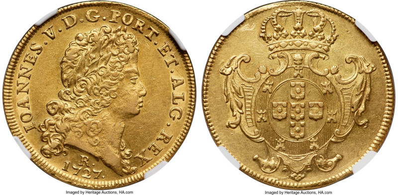 João V gold 12800 Reis (Dobra) 1727-R AU55 NGC, Rio de Janeiro mint, KM140, LMB-...