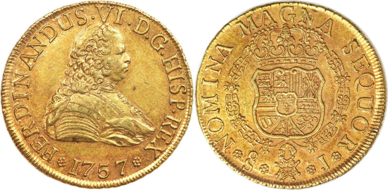 Ferdinand VI gold 8 Escudos 1757 So-J AU58 NGC, Santiago mint, KM3, Fr-5, Cal-83...