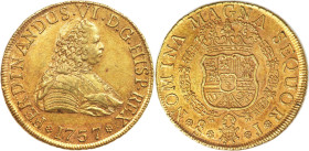 Ferdinand VI gold 8 Escudos 1757 So-J AU58 NGC, Santiago mint, KM3, Fr-5, Cal-833. An exceedingly attractive portrait type that always generates inter...