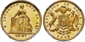 Republic gold 10 Pesos 1863/2-So MS64 S Prooflike NGC, Santiago mint, KM131, Fr-45. A wonderful offering featuring a dramatic overdate and spectacular...