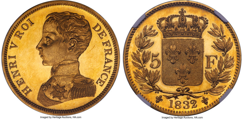 Henri V Pretender gold Proof Piefort Off-Metal Essai 5 Francs 1832 PR64 Ultra Ca...