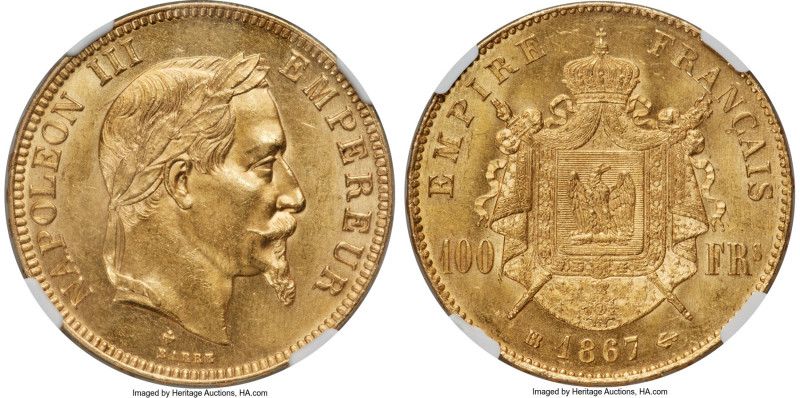 Napoleon III gold 100 Francs 1867-BB MS63 NGC, Strasbourg mint, KM802.2, Gad-113...