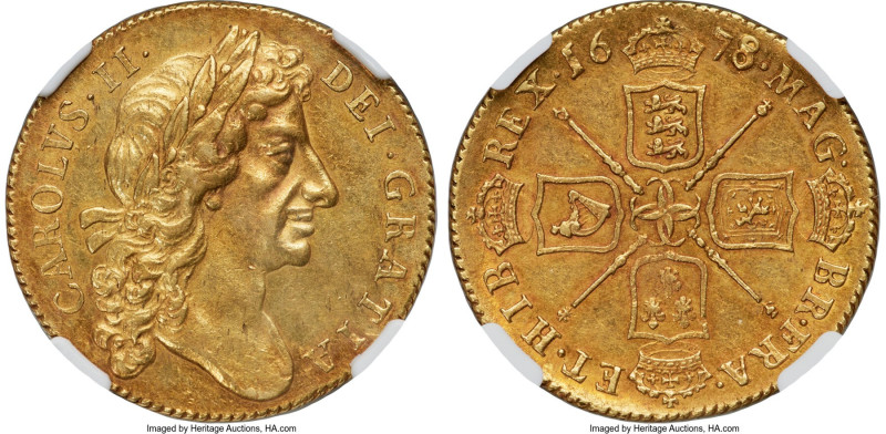 Charles II gold 2 Guineas 1678/7 AU58+ NGC, KM443.1, S-3335. A highly respectabl...