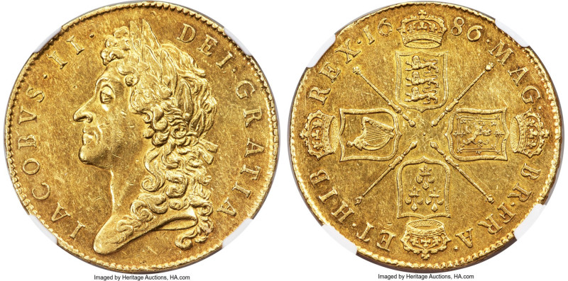 James II gold 5 Guineas 1686 AU58 NGC, KM460.1, S-3396. SECVNDO edge. The key of...