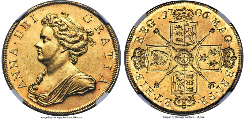 Anne gold 5 Guineas 1706 AU58 NGC, KM521, Fr-317, S-3566, Schneider-524. Post-Un...