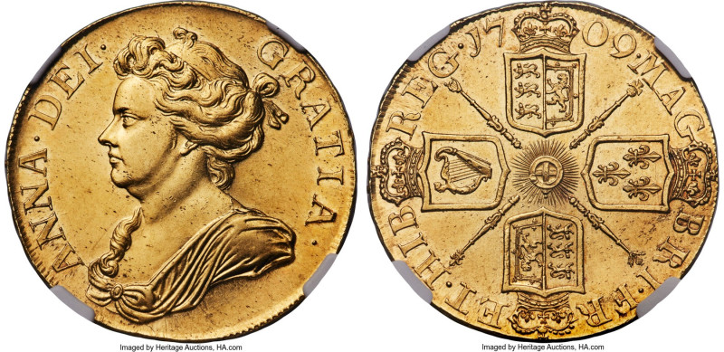 Anne gold 5 Guineas 1709 AU58+ NGC, KM532, S-3567. OCTAVO edge. An immense offer...