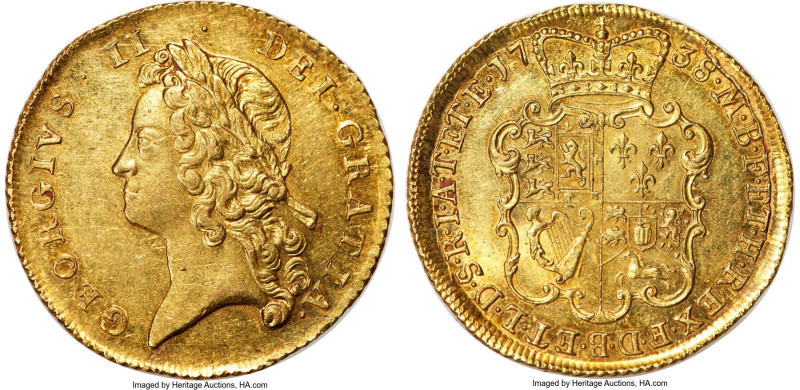 George II gold 2 Guineas 1738 MS61 NGC, London mint, KM576, S-3667B, Fr-336B. An...