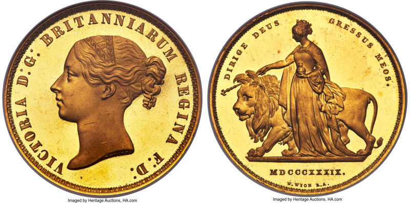 Victoria gold Proof "Una and the Lion" 5 Pounds 1839 PR64 Ultra Cameo NGC, KM742...