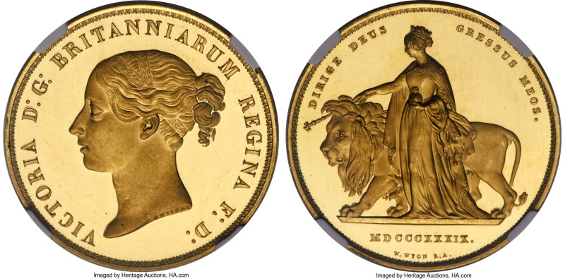 Victoria gold Proof "Una and the Lion" 5 Pounds 1839 PR63+ Ultra Cameo NGC, KM74...